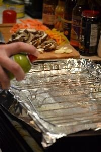 readying the pans for the chicken wings_small