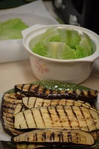 grilled eggplant and blanched green cabbage lined into dish_small