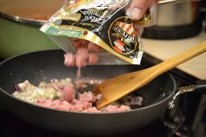 z add the cubed ham to the sauteeing onions_small